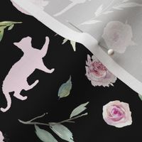 small scale pink cat pink floral black bg