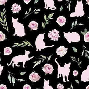 small scale pink cat pink floral black bg