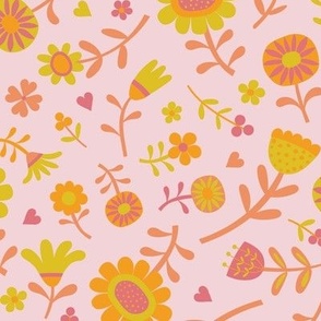 Folk Floral Scatter - Hot mustard, peach clementine and Watermelon on Cotton Candy - Petal Solid Coordinates