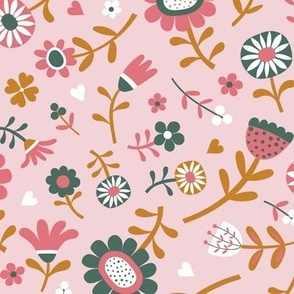 Folk Floral Scatter - Watermelon, Desert Sun and Pine on Cotton Candy - medium scale