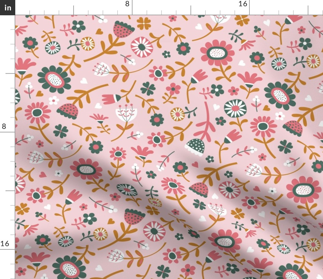 Folk Floral Scatter - Watermelon, Desert Sun and Pine on Cotton Candy - medium scale