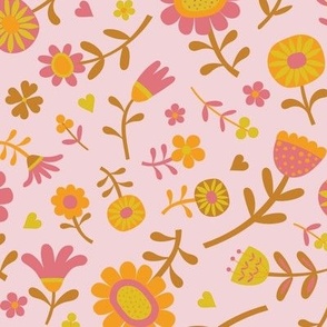 Folk Floral Scatter - Watermelon, Hot mustard, Clementine and Desert Sun on Cotton Candy - Petal Solid Coordinates