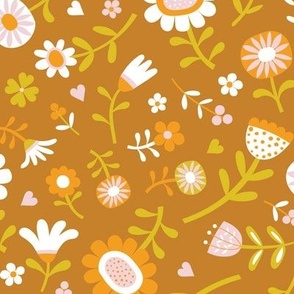 Folk Floral Scatter - Cotton Candy, clementine and hot mustard on Desert Sun  - Medium scale - Petal Coordinate