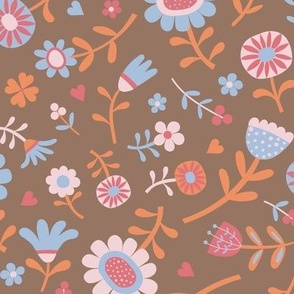 Folk Floral Scatter - Peach, Watermelon, Cotton Candy and Baby Blue on Mocha