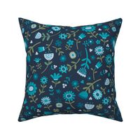 Folk Floral Scatter - Turquoise, teal and sage on Navy - Petal solid coordinate - medium scale