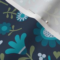 Folk Floral Scatter - Turquoise, teal and sage on Navy - Petal solid coordinate - medium scale