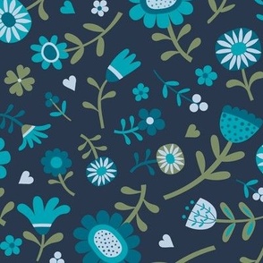 Folk Floral Scatter - Turquoise, teal and sage on Navy - Petal solid coordinate - medium scale