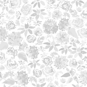 Gray and White Watercolor Millefleur | Abstract Monochromatic Floral | Daffodils, Roses, and Hydrangeas 