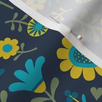 Folk Floral Scatter - Sea Blue Teal, Hot Mustard, Turquoise and Sage on Navy - Petal Solid Coordinates