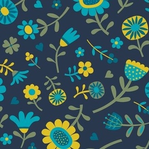 Folk Floral Scatter - Sea Blue Teal, Hot Mustard, Turquoise and Sage on Navy - Petal Solid Coordinates