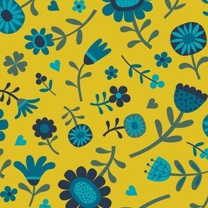 Folk Floral Scatter - Turquoise, teal blue, navy and sage on Hot Mustard