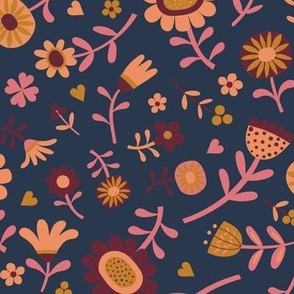 Folk Floral Scatter - Peach, Watermelon and wine on Navy - Petal Solid coordinates