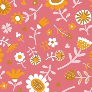 Folk Floral Scatter - Cotton Candy, Clementine and Desert Sun on Watermelon - Petal Solid coordinates