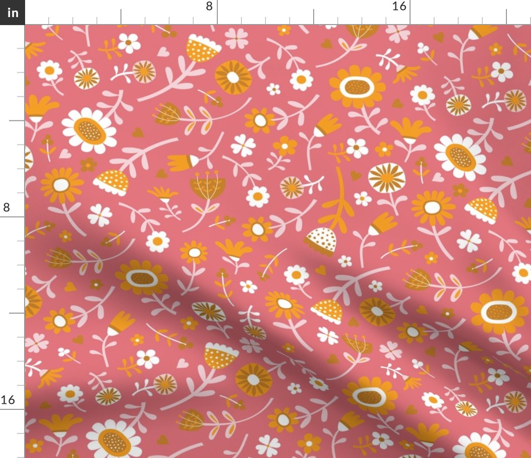 Folk Floral Scatter - Cotton Candy, Clementine and Desert Sun on Watermelon - Petal Solid coordinates