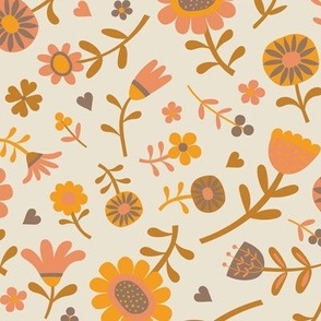 Folk Floral Scatter - Peach, Clementine and Mocha on Cream