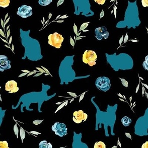 small scale blue cat blue yellow floral black bg