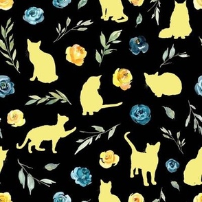 small scale yellow cat blue yellow floral black bg