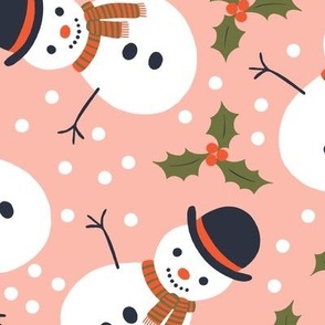 Snowmen and Holly - white, red and green on pink grapefruit - Large scale by Cecca Designs