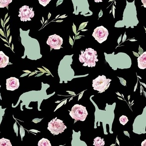 green cat pink floral black bg