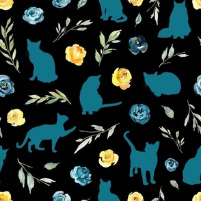 blue cat blue yellow floral black bg