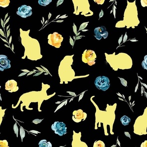 yellow cat blue yellow floral black bg