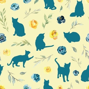 blue cat blue yellow floral pale yellow