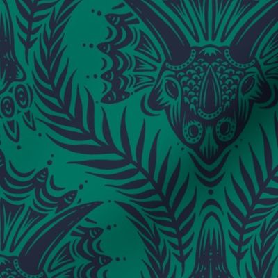 Triceratops Damask - 12" large - dark blue and teal