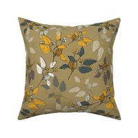 Hand drawn gold, yellow leaves, branches, botanical illustration