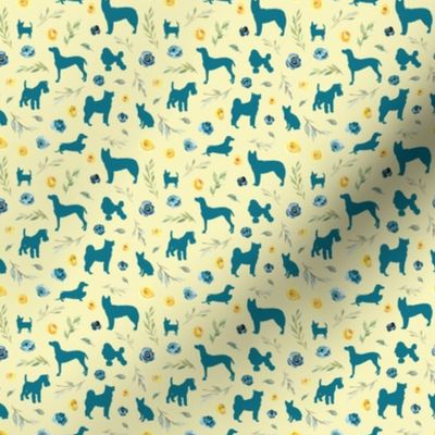 micro scale blue dog blue yellow floral yellow bg