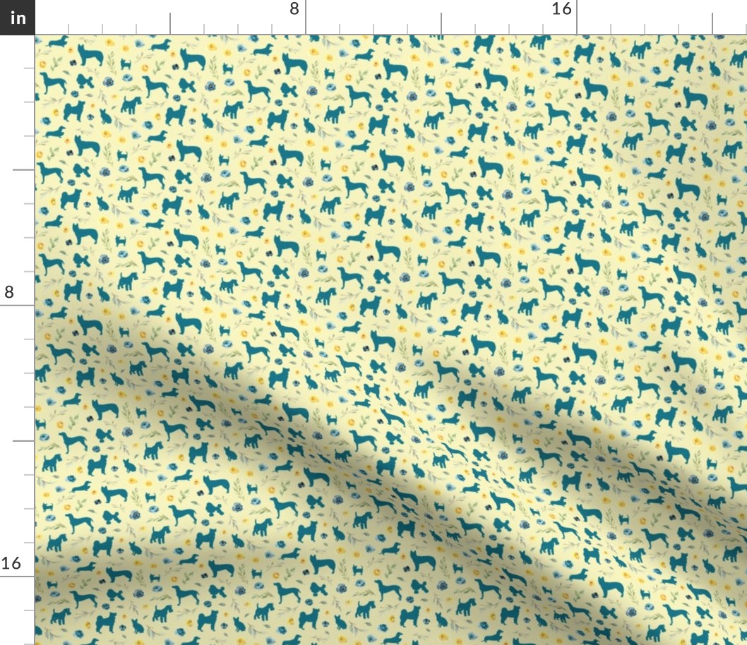 micro scale blue dog blue yellow floral yellow bg