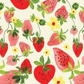 Strawberry field with yellow flowers on cream background