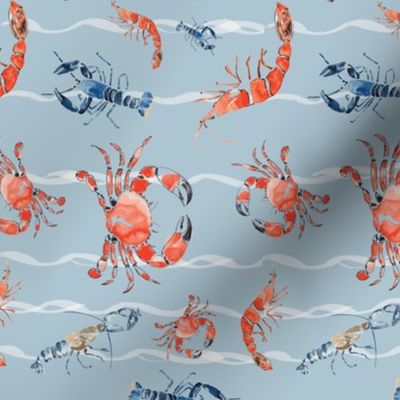crab life, small watercolor crab, lobster, crayfish illustration , shellfish