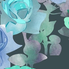 Teal Tranquility: (large) Seamless repeat pattern, with a watercolor Rose bouquet  on a navy background