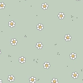 Smiley dogwood white flowers nineties vintage trend happy smileys blossom and dots on sage green