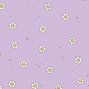 Smiley dogwood white flowers nineties vintage trend happy smileys blossom and dots on bright lilac purple