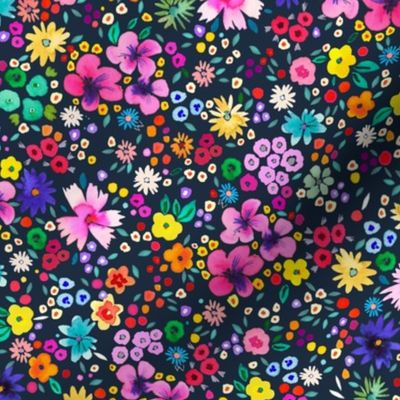Ditsy floral Spring party confetti floral - Tween Spirit Floral - Colorful rainbow floral Navy - Small