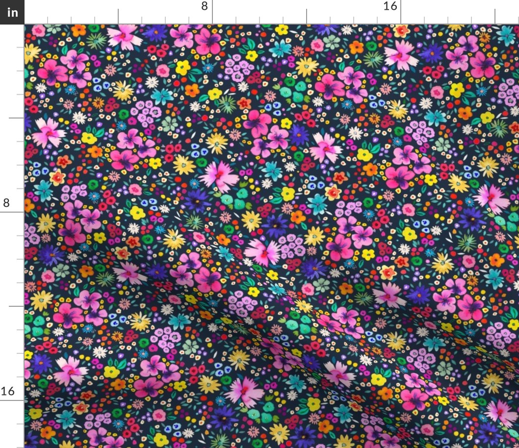 Ditsy floral Spring party confetti floral - Tween Spirit Floral - Colorful rainbow floral Navy - Small