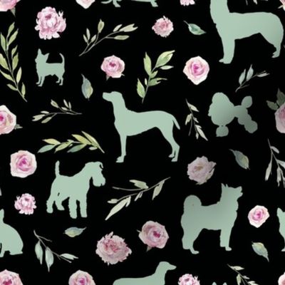 small scale green dog pink floral black bg