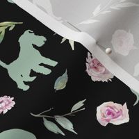 small scale green dog pink floral black bg