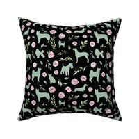 small scale green dog pink floral black bg