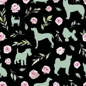 small scale green dog pink floral black bg