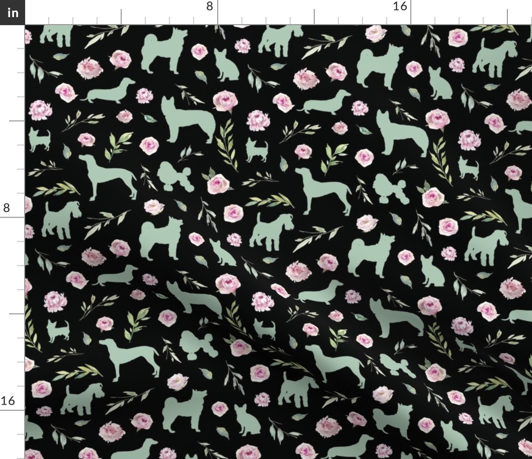 small scale green dog pink floral black bg