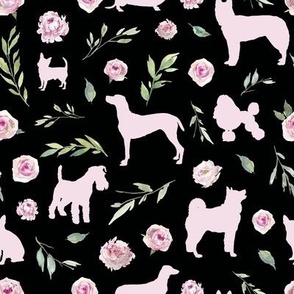 small scale pink dog pink floral black bg