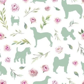 small scale green dog pink floral
