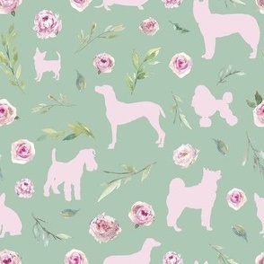 small scale pink dog pink floral green bg