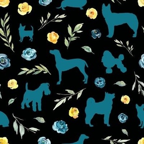 small scale blue dog blue yellow floral black