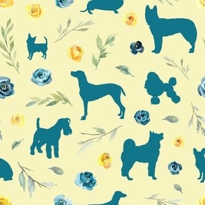 small scale blue dog blue yellow floral yellow bg