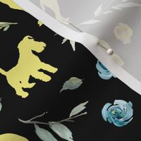 small scale yellow dog blue yellow floral black