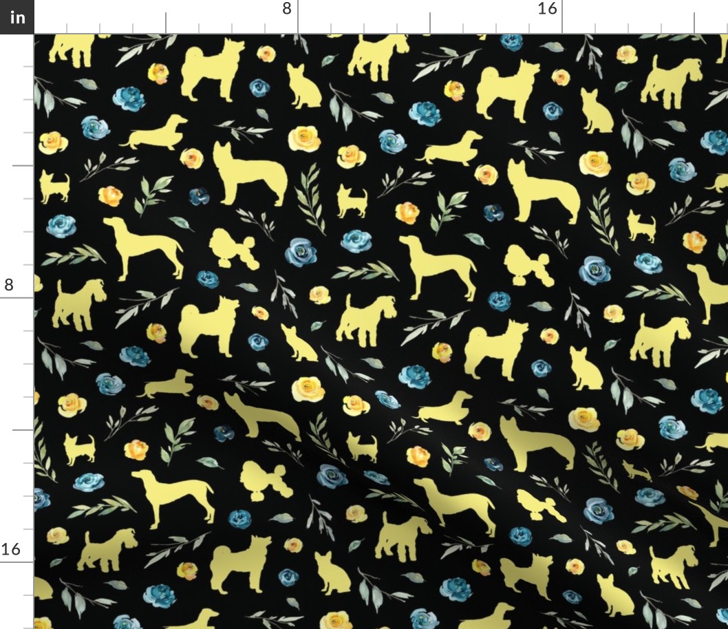 small scale yellow dog blue yellow floral black