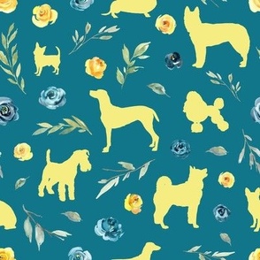 small scale yellow dog blue yellow floral blue bg